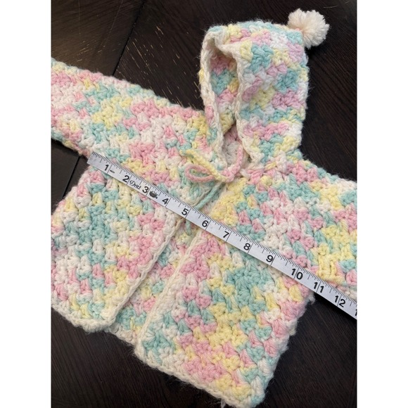 Handmade Crochet Baby Cardigan Hooded Pastel Variegated Pink Blue Yellow Sweater - Picture 3 of 7
